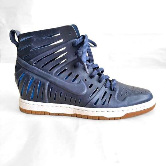 Nike Dunk Sky Hi Joli Navy Blue Shoes Sandal Wedge Women 8A Cut Out Sneaker Heel - Picture 1 of 8